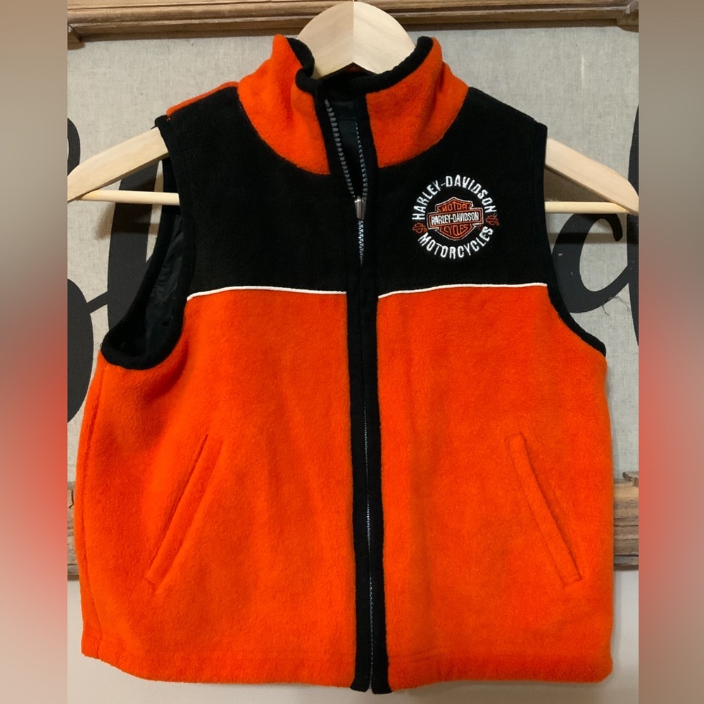 Child’s HARLEY DAVIDSON Reversible Vest Sz 6 Orange & Black Great Condition